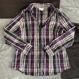 Charter Club black, white, purple plaid button down shirt